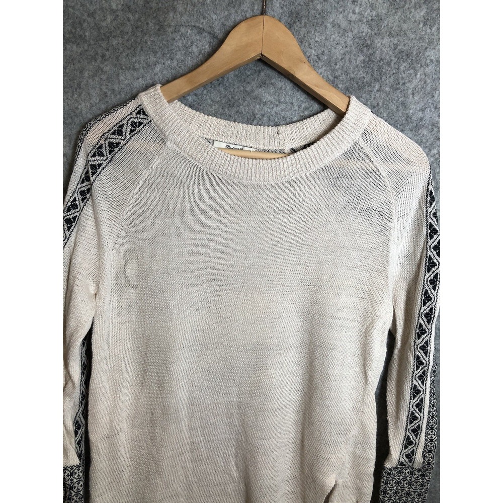 Madewell Womens Sweater Small Cream Black Aztec Arm Trim Side Slit Southwestern